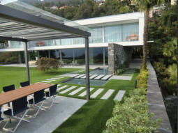 outdoor dining area with reflecting pool